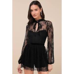 Lulus Incredibly Darling Black Lace Tie-neck Romper - Size XL